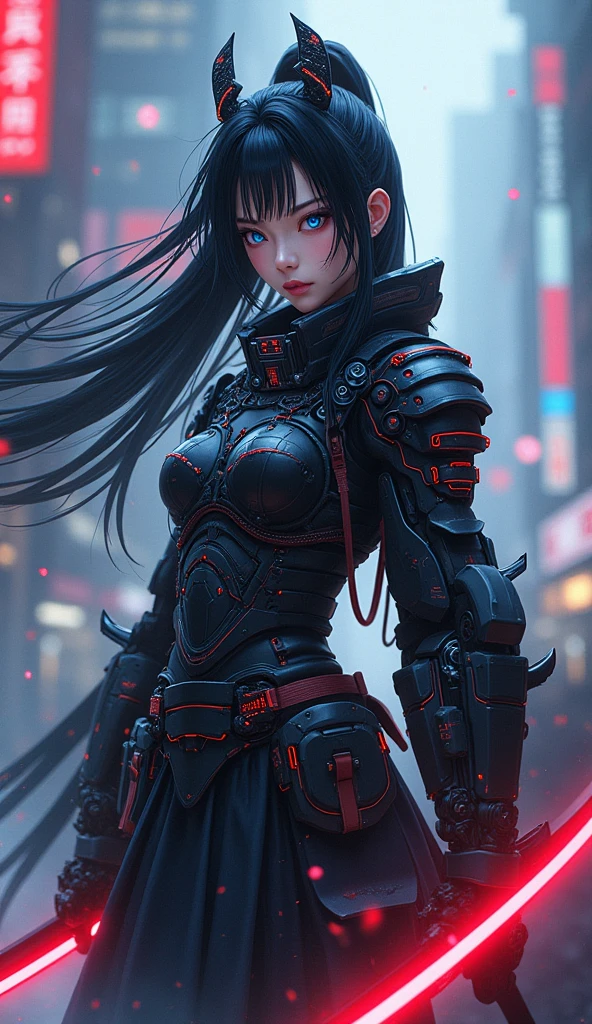 ((Go Min-si)) Create a hyper-realistic anime-style illustration of a female Cyberpunk Samurai. The character should have long, flowing black hair with cybernetic enhancements visible at the temples. Her eyes should be a striking, artificial blue, suggesting advanced ocular implants. Dress her in a fusion of traditional samurai armor and futuristic tech. The armor should be sleek, with illuminated circuitry patterns and holographic displays. Incorporate a vibrant red kimono-inspired skirt for contrast. Equip her with two katanas: one traditional and one with a glowing energy blade. Add cybernetic limb enhancements, particularly on the legs and arms, with exposed hydraulics and power cores. Set the scene against a misty, neon-lit cityscape backdrop. Use a color palette dominated by cool greys, blacks, and vibrant reds, with accents of electric blue from the tech elements. The art style should blend highly detailed, realistic rendering with stylized anime aesthetics. Focus on intricate details in the armor, weaponry, and cybernetic enhancements. Incorporate subtle lighting effects to highlight the tech elements and create a sense of atmosphere. Add dynamic elements like floating holographic UI elements, swirling cherry blossom petals, and energy particles emanating from the weapons and armor to enhance the sci-fi samurai theme.