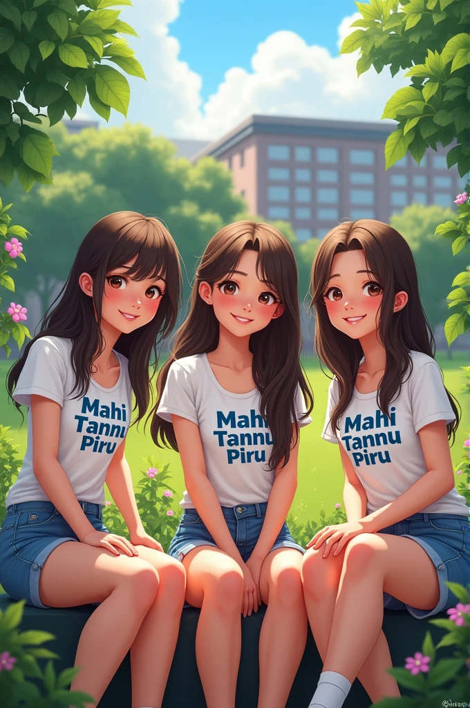 3 ladkiya jinki t shirt par mahi tannu piru likha hai, vo ek garden me bethi hui hai or pichhe ek college hai jis par aditya college likha hua hai