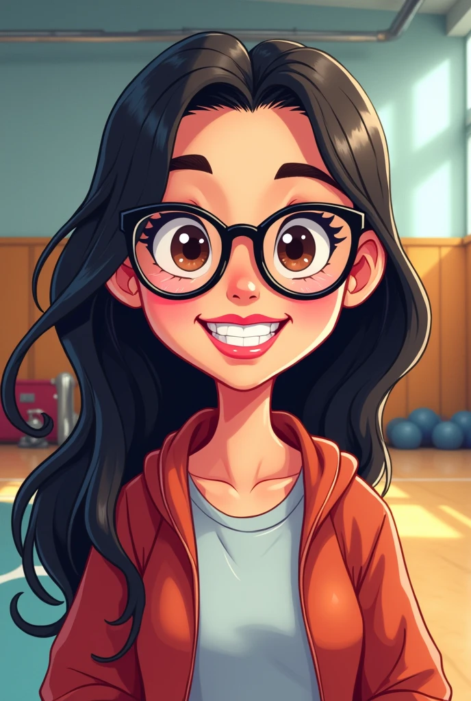Cartoon character of A WOMAN APPROXIMATELY 4, ROUNDED GLASSES WITH DARK FRAME, LONG DARK HAIR, DARK BROWN EYES YELLOW, skin fair, pink lipstick, round face, in the background a gym