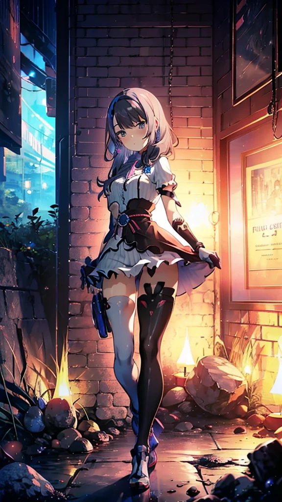 ((full body)),Teenage Girls in Anime, Blue and grey metal armor, Blue hand and thigh accessories, Short dark blue-gray hair, hair accessory, Grey Eyes, Silver earrings, nose, Curious, Healthy Skin, Very dirty, head, shoulder, Small box, arms, Have a map, Narrow waist, feet, Medium thighs, Has black robotic legs, cute, Bright colors on the shirt, Futuristic marble white palace, Shining light in the sky, Stand next to a wall, Cinematic Light, High resolution, Highest quality, Super detailed, Detailed face, (Detailed eyes), Highest quality, Super detailed, masterpiece, (Detailed face), Beautiful face, feetを見せて, short hair