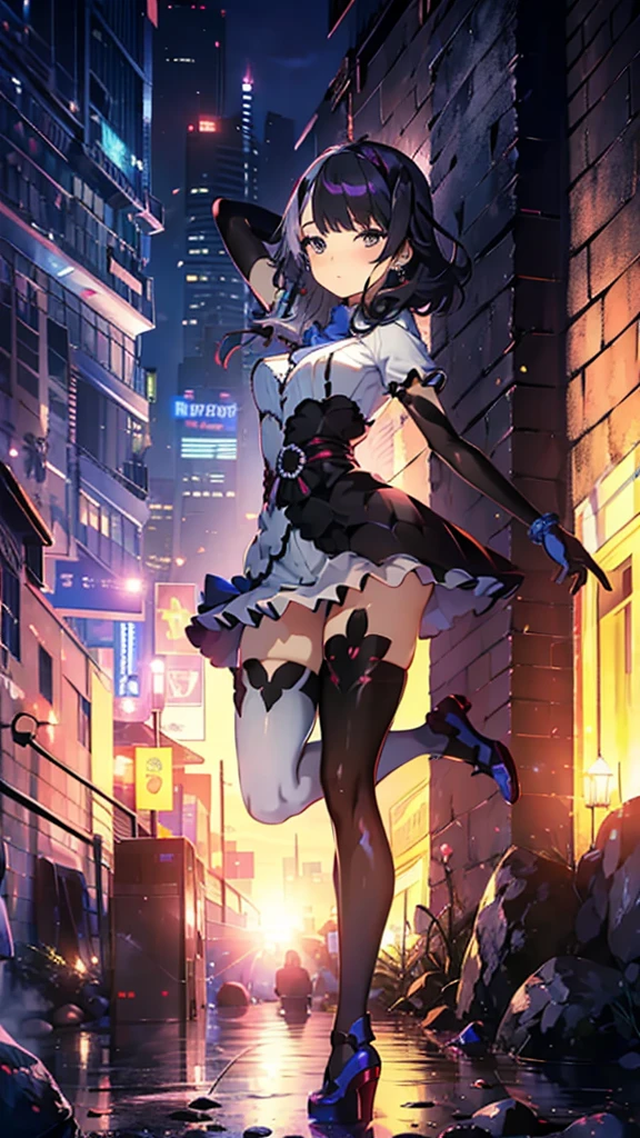 ((full body)), Girls in Anime, Blue and grey metal armor, Blue hand and thigh accessories, Short dark blue-gray hair, hair accessory, Grey Eyes, Silver earrings, nose, Curious, Healthy Skin, Very dirty, head, shoulder, Small box, arms, Have a map, Narrow waist, feet, Medium thighs, Has black robotic legs, cute, Bright colors on the shirt, Futuristic marble white palace, Shining light in the sky, Stand next to a wall, Cinematic Light, High resolution, Highest quality, Super detailed, Detailed face, (Detailed eyes), Highest quality, Super detailed, masterpiece, (Detailed face), Beautiful face, feetを見せて, short hair