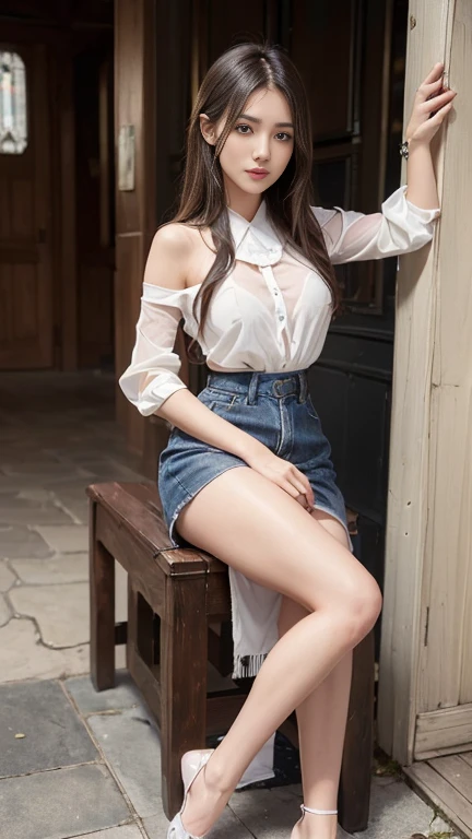 Balcony by the sea，goddes，White complexion，White men's button-down shirt，black lence stockings，Loose fit denim shorts，full bodyesbian，Larger chest，Slim figure，Real Human，The beautiful,，Provocative action，A mischievous expression，Sit cross-legged on the bed