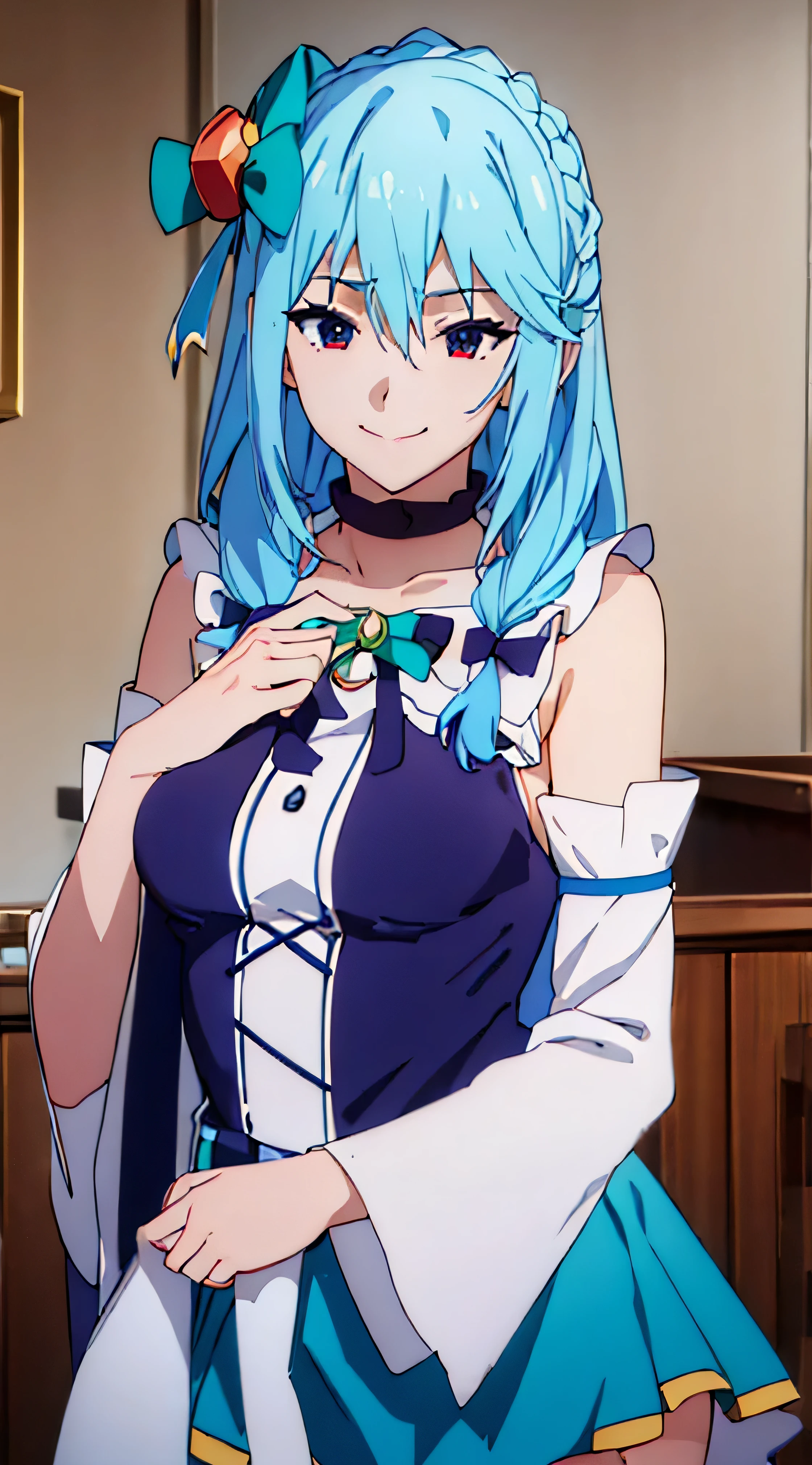 (masterpiece, best quality:1.2), expressive eyes, perfect face, highres, 1girl, solo, aaaqua, long hair, blue hair, hair rings, hair ornament, choker, bare shoulders, green bow, blue shirt, detached sleeves, blue skirt, thighhighs, happy smiling, standing, upper body, portrait, looking at the viewer,curvy,,oily skin,shiny skin,most evil huge laugh,lipstick,sadistic smile,deep shaded face(eyes in shadow),singlebraid,smile worst,worst ridecule,most evil moukery,,onebraid,,two hands,five fingers,dark aura background,A face full of evil,most evil ridicule,,horor, Violence, , The Empowerment of Evil, monster,naughty face,seductive smile