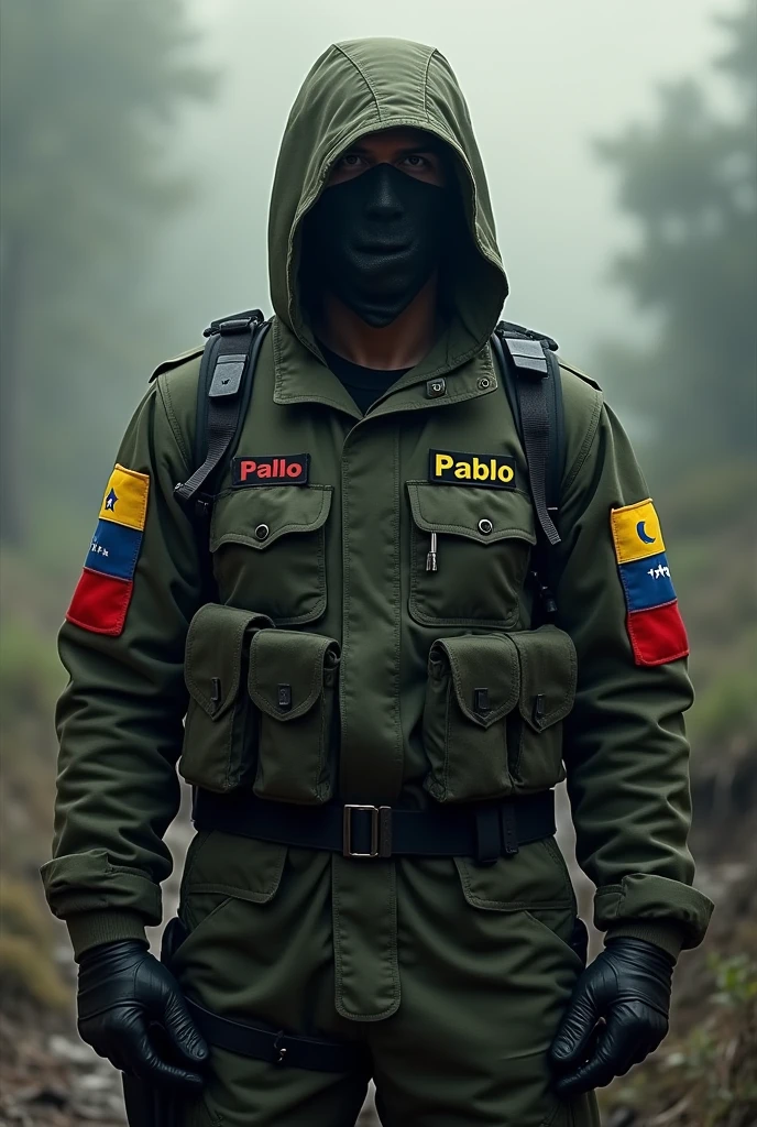 Believe me, a commando-type commander with his face covered, Venezuelan and with the phrase Plan Z, improve it by placing the name Commander Pablo on the side of the uniform on the chest. Leave this image the same, just change the name on the chest to Pablo and add Venezuelan flags on the arms., But don't change the image, leave it the same, just improve it with the orders I gave you.