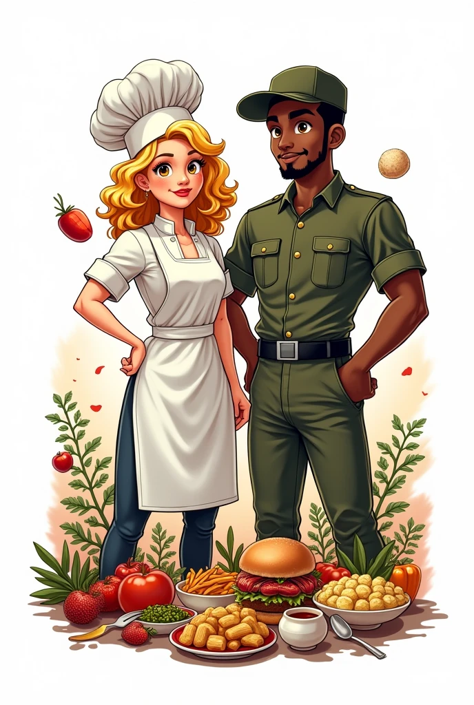 Create me an image that represents my restaurant, where the female chef with curly blonde hair and brown eyes is next to a black-skinned man who is a soldier and both surrounded by food, with a white background and it is animated like anime graffiti and it is for the logo of my restaurant that does not have letters. Try not to make it full body, only half