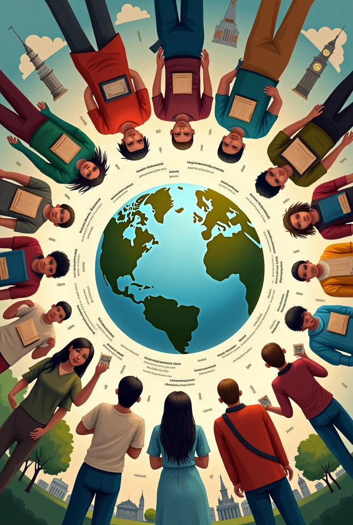 A group of diverse individuals standing in a circle, each person holding a book or scroll with text written in their native language. In the center of the circle is a globe, representing the world, and the people are connected by lines of text flowing between them, symbolizing communication and unity. Around the scene, landmarks or symbols unique to different countries can represent the cultural richness that language brings to a nation. Specifically the country philippines with some tagalog texts and a jeepney in the background
