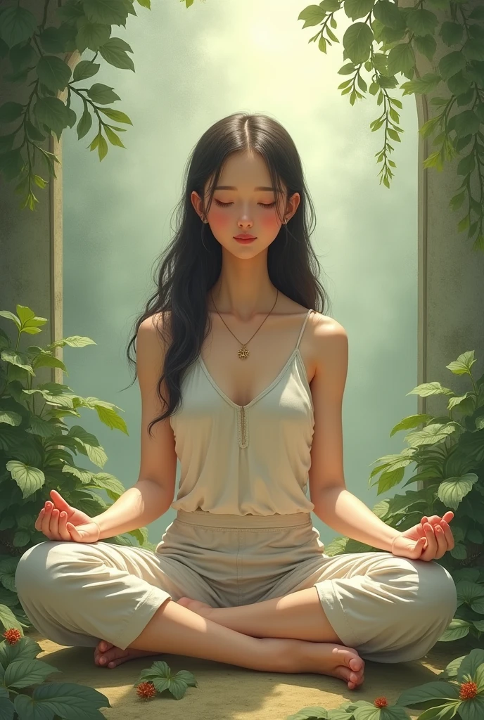 A girl sitting in meditation conveys a sense of:
- Inner peace
- Calmness
- Focus
- Mindfulness
- Serenity
-nature friendly
- good dress