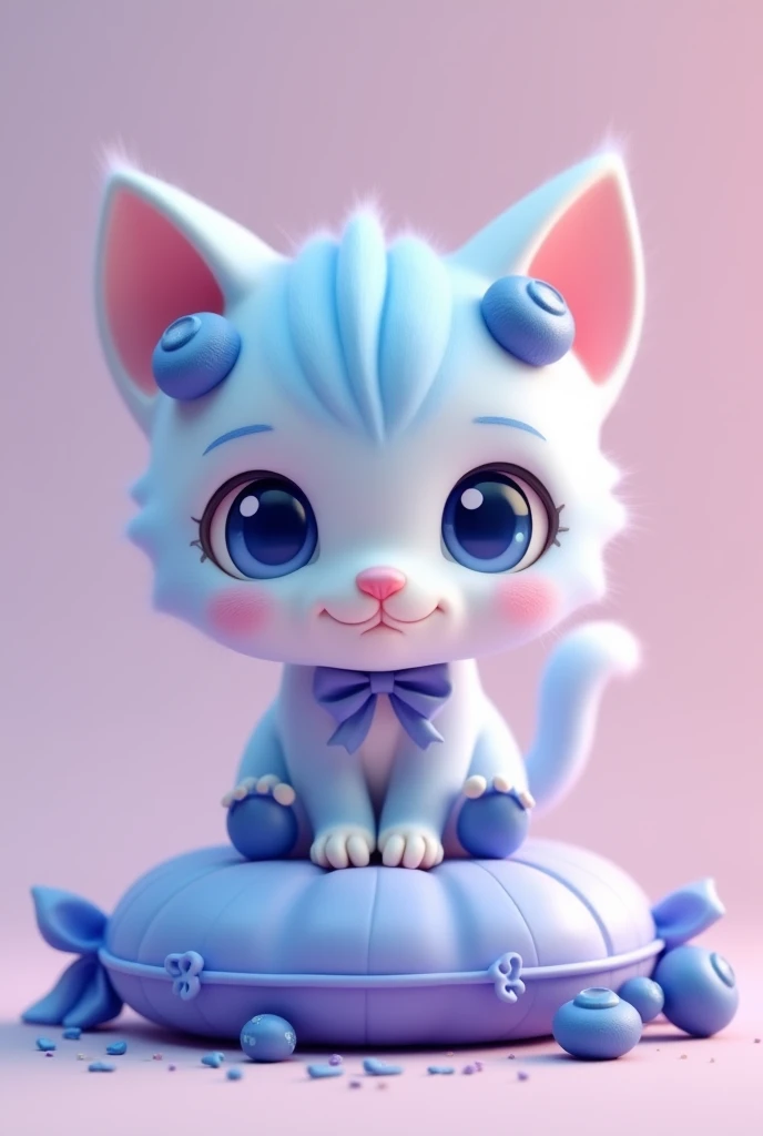 A C4D model, a chibi-style cat with light blue and lavender fur, inspired by blueberry-flavored candy. The cat has deep blue eyes and wears a blueberry-themed headband with small, decorative blueberries on each side. Its tail is adorned with a small blue bow, and its paws are tipped with lavender. The cat sits on a cushion shaped like a blueberry candy, with tiny blue shoes completing the look.