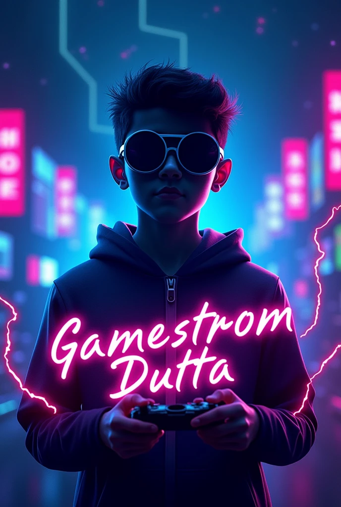 "Design a vibrant YouTube profile photo for a gaming channel. The image should feature a dynamic background with dark blues and neon purples, evoking a futuristic gaming world. At the center, include the silhouette of a 20-year-old boy wearing round-shaped goggles, holding a gaming controller, with his face hidden in shadows. The figure should emit a glowing electric energy. Incorporate the name 'Gamestrom Dutta' in bold, metallic, futuristic font with a neon glow effect. The overall design should be sharp, modern, and energetic, reflecting the excitement of gaming."