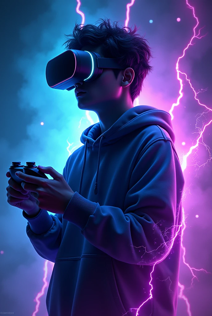 "Design a vibrant YouTube profile photo for a gaming channel. The image should feature a dynamic background with dark blues and neon purples, evoking a futuristic gaming world. At the center, include the silhouette of a 20-year-old boy wearing round-shaped goggles, holding a gaming controller, with his face hidden in shadows. The figure should emit a glowing electric energy. Incorporate the name 'Gamestrom Dutta' in bold, metallic, futuristic font with a neon glow effect. The overall design should be sharp, modern, and energetic, reflecting the excitement of gaming."