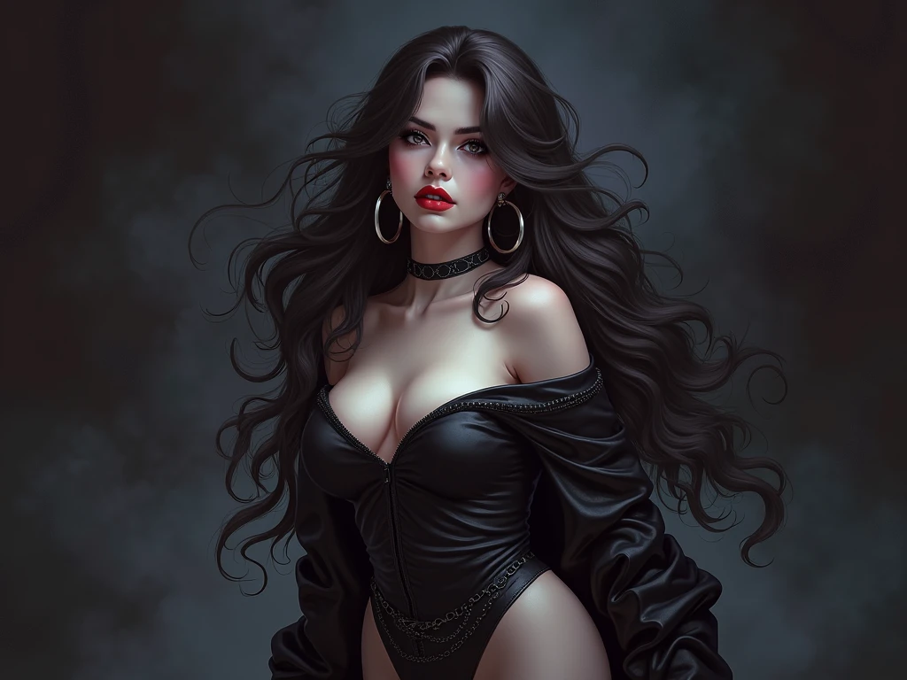 detailed portrait of a femme fatale, long flowing hair, realistic, (best quality,4k,8k,highres,masterpiece:1.2),ultra-detailed,(realistic,photorealistic,photo-realistic:1.37), digital painting, dramatic lighting, deep red lipstick, mysterious expression, dramatic chiaroscuro, cinematic composition