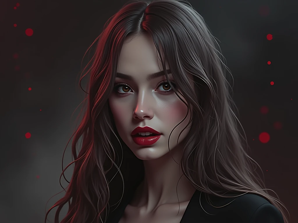 detailed portrait of a femme fatale, long flowing hair, realistic, (best quality,4k,8k,highres,masterpiece:1.2),ultra-detailed,(realistic,photorealistic,photo-realistic:1.37), digital painting, dramatic lighting, deep red lipstick, mysterious expression, dramatic chiaroscuro, cinematic composition