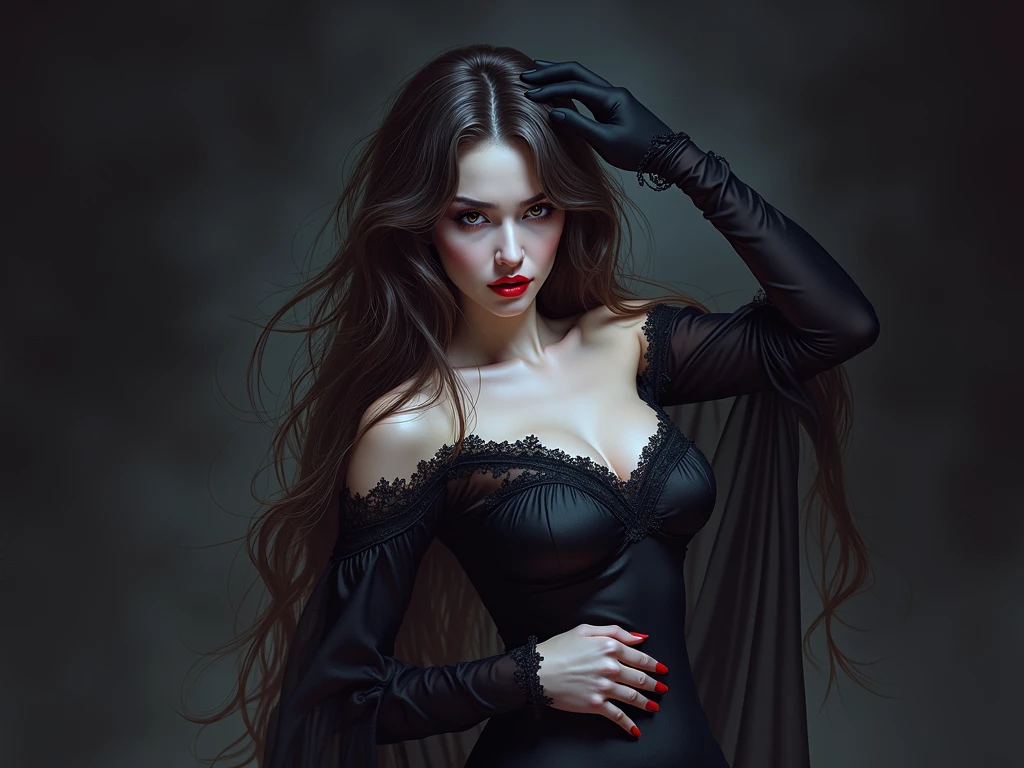 detailed portrait of a femme fatale, long flowing hair, realistic, (best quality,4k,8k,highres,masterpiece:1.2),ultra-detailed,(realistic,photorealistic,photo-realistic:1.37), digital painting, dramatic lighting, deep red lipstick, mysterious expression, dramatic chiaroscuro, cinematic composition