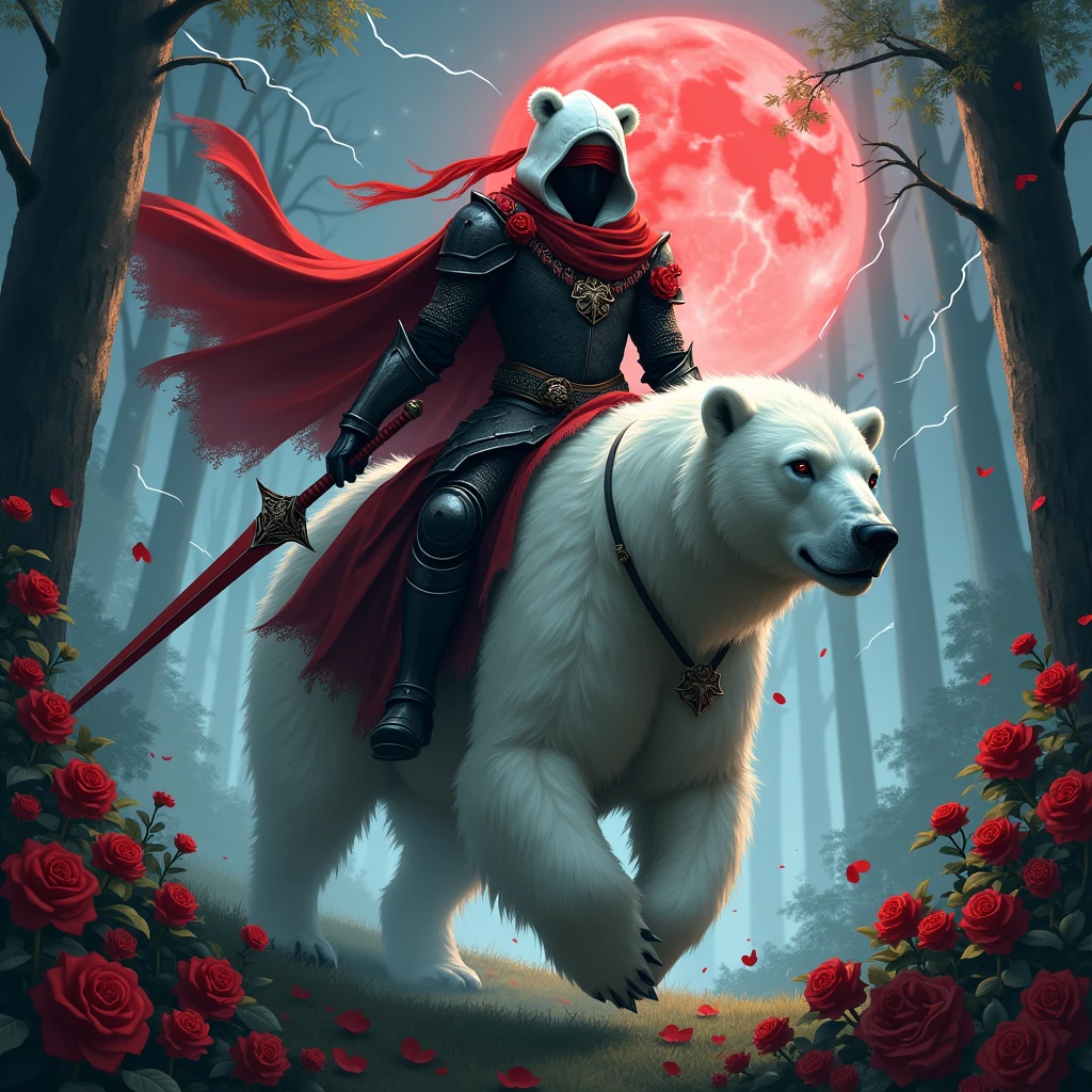 Male knight with a white hood with bear ears wielding a red double-edge sword is riding a polar bear in a forest while the moon shines, many Roses cover the ground and lightning falls from the sky. The polar bear has black eyes and an aggressive appearance. Only the man wears a red blindfold. In the background of the picture is the blood moon. The forest is full of trees with leaves. The armor of the man is black woth red roses on it.