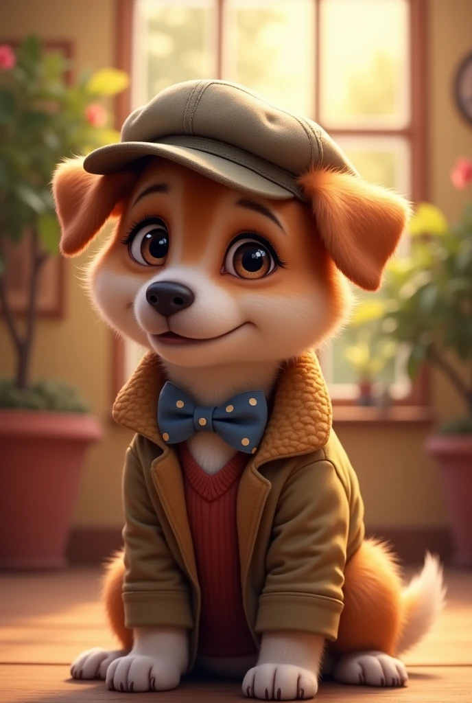 A dog with a cap and clothes