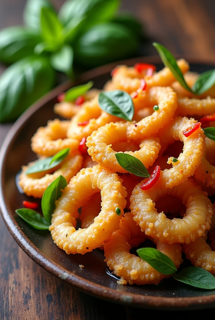 Taiwanese style fried Calamari with basil and chopped red chili