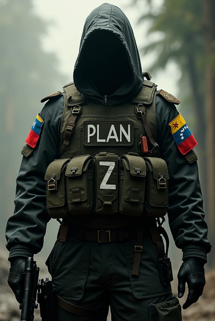 Believe me, a commando-type commander with his face covered, Venezuelan and with the phrase Plan Z, improve it by placing the name Commander Pablo on the side of the uniform on the chest. Leave this image the same, just change the name on the chest to Pablo and add Venezuelan flags on the arms., But don&#39;t change the image, leave it the same, just improve it with the orders I gave you.