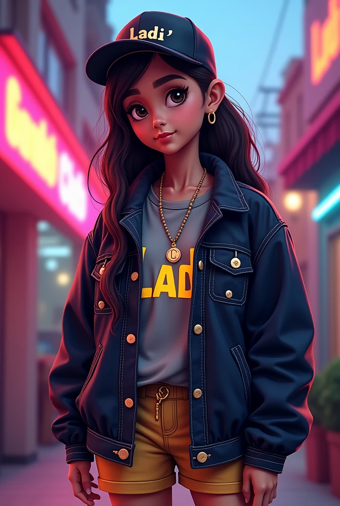 A 1 modern ager ,wear a cap and on writing bold name is"LADI" , YELLOW SHOES ,DENIM BLACK JACKET ,FACE HIGH DETAILS,NECK IN "L" WORD LOCKET , BACKGROUND IN WRITE"CHANDIGARH CLUB , BACKGROUND COLOURFULL,SLOW SMILE, ATTRACTIVE SMILE,
