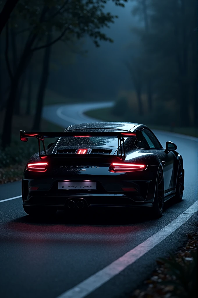 A black porche 911 gt3 rs at night on very dark road