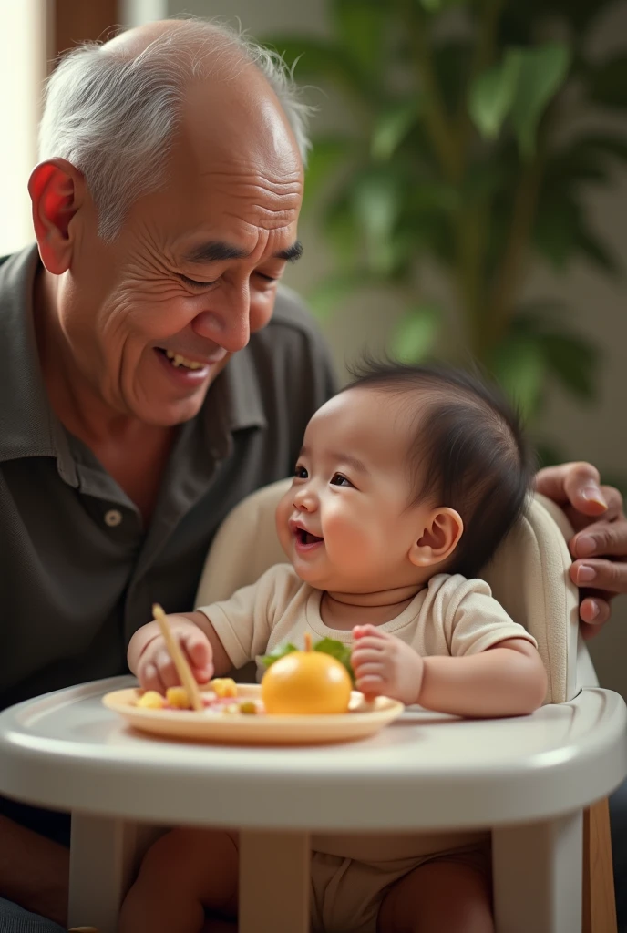 an indonesian baby celebrating her 6 month old age, sitting in a baby chair receiving her first solid meal. the baby is quite hairy. Look happy and delightful. Beside him a man of 70 years old, a little bit fat, clean shaved. Photo realistic UHD image
