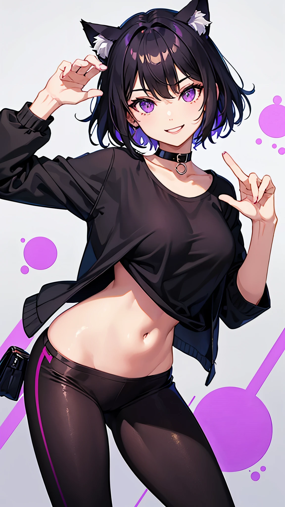 A woman,black medium short hair, cat ears, beige t-shirt, black leggings, purple eyes, smile,
