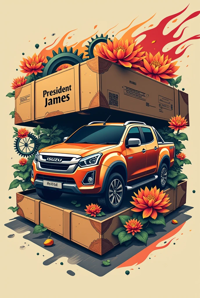 Isuzu pickup truck poster decorated in a closed box for sending parcels with the words "President James" written on it. I want it to be even cooler. There are flames, lotus flowers, and gear wheels. I want the name to be clear.