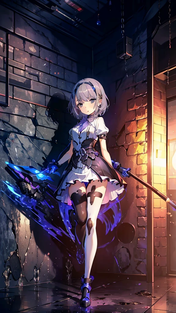 ((full body)),Teenage Girls in Anime, Blue and grey metal armor, Blue hand and thigh accessories, Short dark blue-gray hair, hair accessory, Grey Eyes, Silver earrings, nose, Curious, Healthy Skin, Very dirty, head, shoulder, Small box, arms, Have a map, Narrow waist, feet, Medium thighs, Has black robotic legs, cute, Bright colors on the shirt, Futuristic marble white palace, Shining light in the sky, Stand next to a wall, Cinematic Light, High resolution, Highest quality, Super detailed, Detailed face, (Detailed eyes), Highest quality, Super detailed, masterpiece, (Detailed face), Beautiful face, feetを見せて, short hair