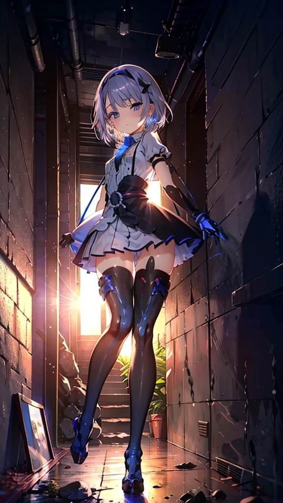 ((full body)),Teenage Girls in Anime, Blue and grey metal armor, Blue hand and thigh accessories, Short dark blue-gray hair, hair accessory, Grey Eyes, Silver earrings, nose, Curious, Healthy Skin, Very dirty, head, shoulder, Small box, arms, Have a map, Narrow waist, feet, Medium thighs, Has black robotic legs, cute, Bright colors on the shirt, Futuristic marble white palace, Shining light in the sky, Stand next to a wall, Cinematic Light, High resolution, Highest quality, Super detailed, Detailed face, (Detailed eyes), Highest quality, Super detailed, masterpiece, (Detailed face), Beautiful face, feetを見せて, short hair