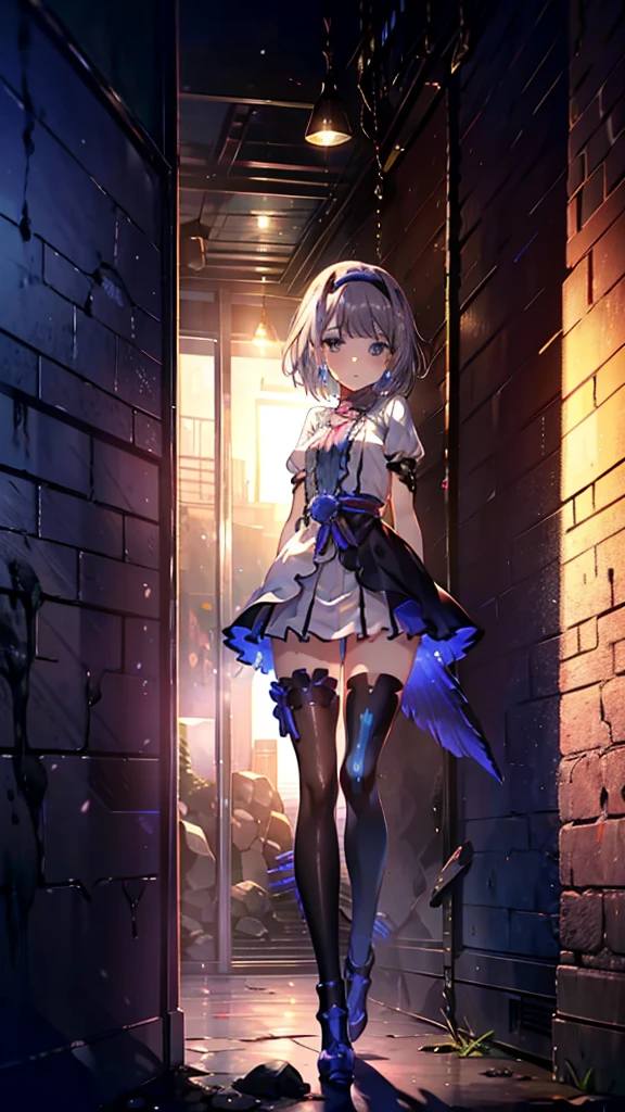 ((full body)), Girls in Anime, Blue and grey metal armor, Blue hand and thigh accessories, Short dark blue-gray hair, hair accessory, Grey Eyes, Silver earrings, nose, Curious, Healthy Skin, Very dirty, head, shoulder, Small box, arms, Have a map, Narrow waist, feet, Medium thighs, Has black robotic legs, cute, Bright colors on the shirt, Futuristic marble white palace, Shining light in the sky, Stand next to a wall, Cinematic Light, High resolution, Highest quality, Super detailed, Detailed face, (Detailed eyes), Highest quality, Super detailed, masterpiece, (Detailed face), Beautiful face, feetを見せて, short hair