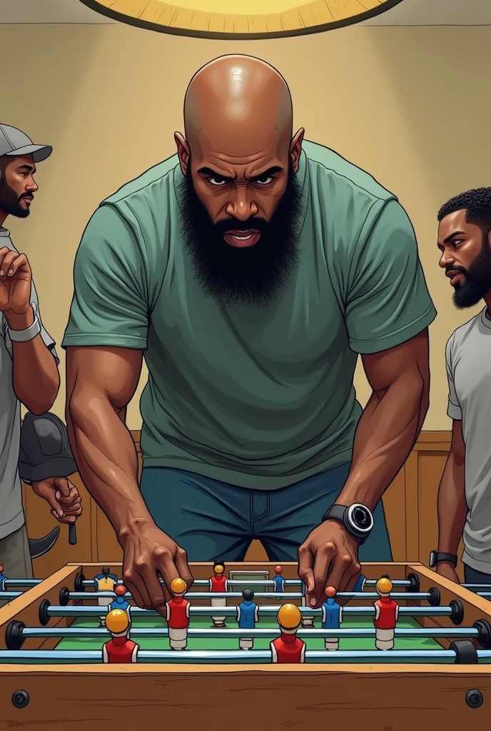A black man with shaved hair and short black beard covering his face playing foosball illustration informative style