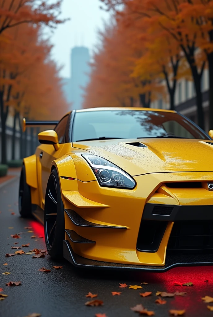 Nissan sport car Glossy Yellow, with extreme widebody kit, LED lights under the car, close-up photo shot, hyper-realistic, focus on car, autumn road, lo-fi vibes, professional photo-shot , Autumn vibes,maple tree, hyper-realistic details, realism, detailed reflections, urban scenery, professional photo quality, realistic artwork, moody lighting, anime scene, chilling vibes 