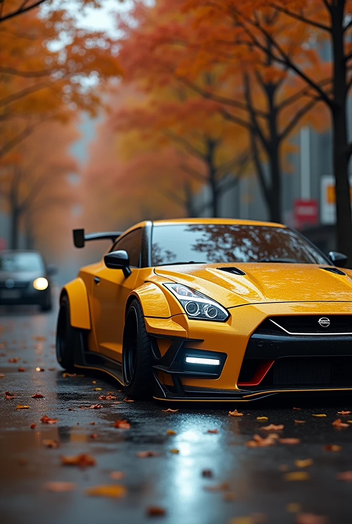 Nissan sport car Glossy Yellow, with extreme widebody kit, LED lights under the car, close-up photo shot, hyper-realistic, focus on car, autumn road, lo-fi vibes, professional photo-shot , Autumn vibes,maple tree, hyper-realistic details, realism, detailed reflections, urban scenery, professional photo quality, realistic artwork, moody lighting, anime scene, chilling vibes