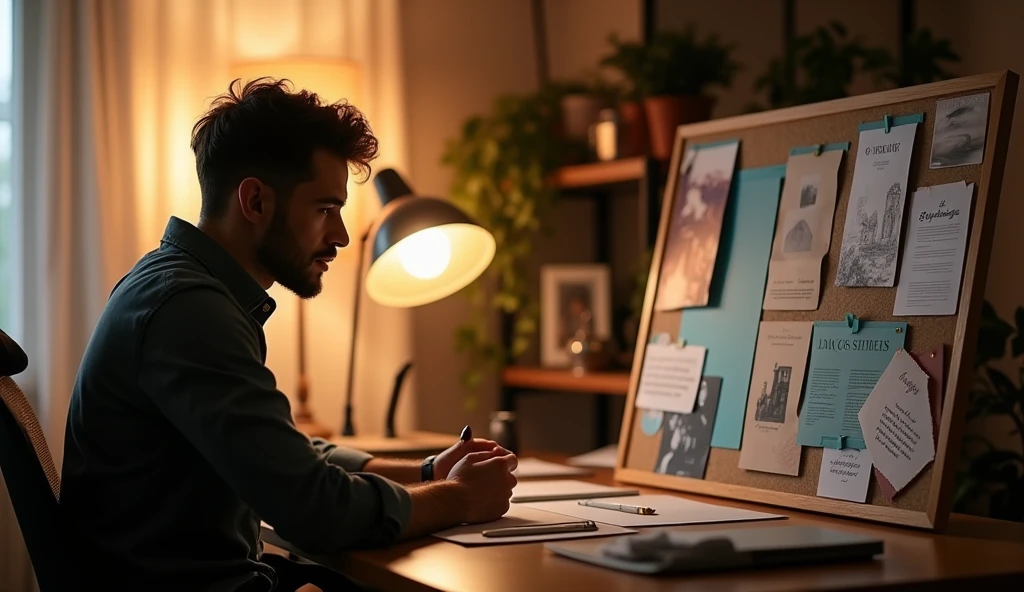 Create a realistic image where  ''A man sitting at a desk with a motivational vision board in front of them, looking at a photo of a loved one or a symbol of their goal. The room is warmly lit, creating a comforting and inspiring environment. The person’s expression is thoughtful and motivated, eyes glancing back and forth between the vision board and the photo."