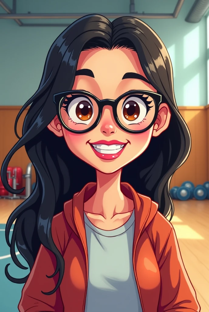 Cartoon character of A WOMAN APPROXIMATELY 4, ROUNDED GLASSES WITH DARK FRAME, LONG DARK HAIR, DARK BROWN EYES YELLOW, skin fair, pink lipstick, round face, in the background a gym