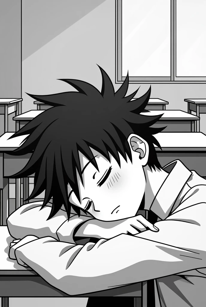 Black and white 2d anime teenager sleeping in classroom with hair sticking up