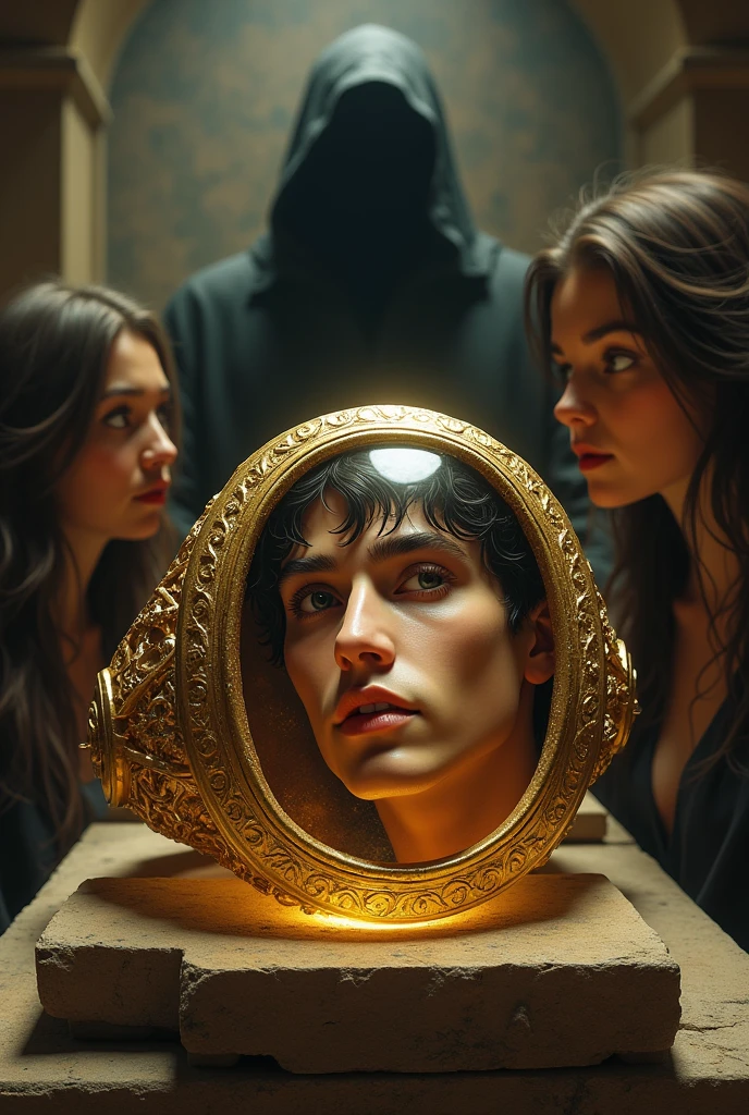 Gold ring and in its center a stone inside the stone a young and hairless male face in Roman style The ring is on a shelf in a museum being watched by 2 girls and behind one of the girls a macabre shadow.
 The face of the stone rings