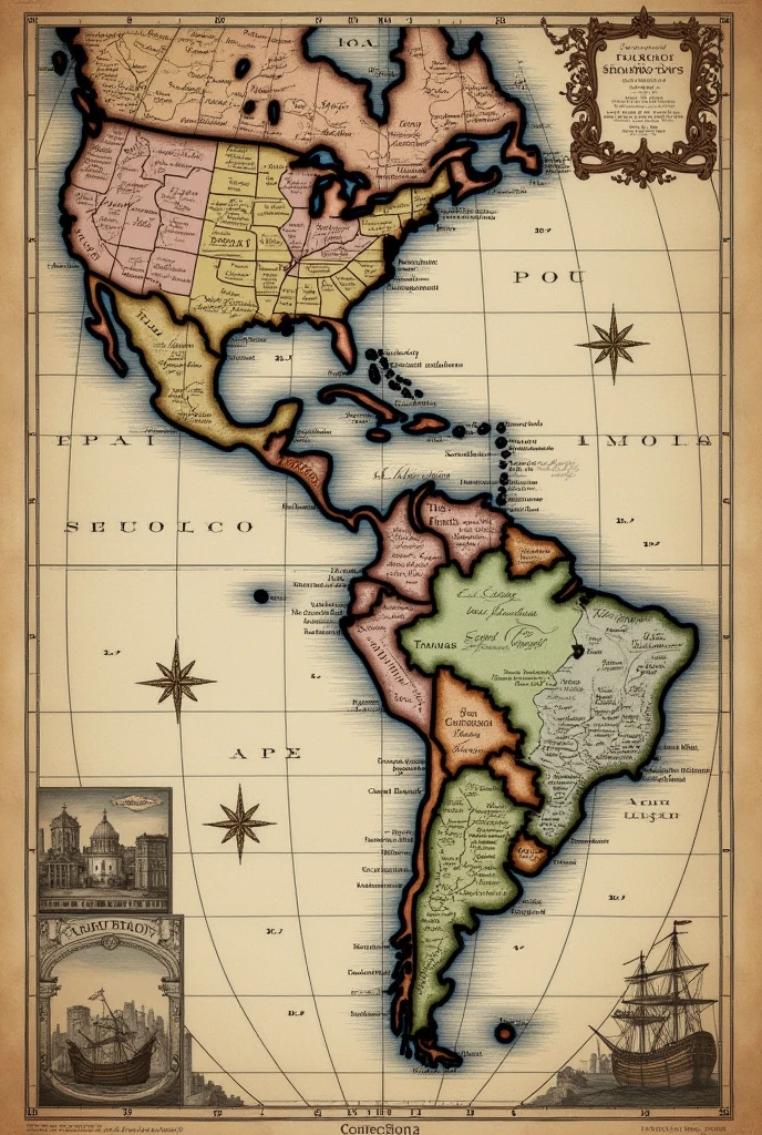 Create me a map with the possessions of the monarchy in America and Asia in the 17th century