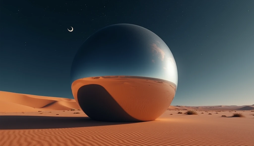 a massive mirror smooth sphere rest on the desert floor at night. photo realistic