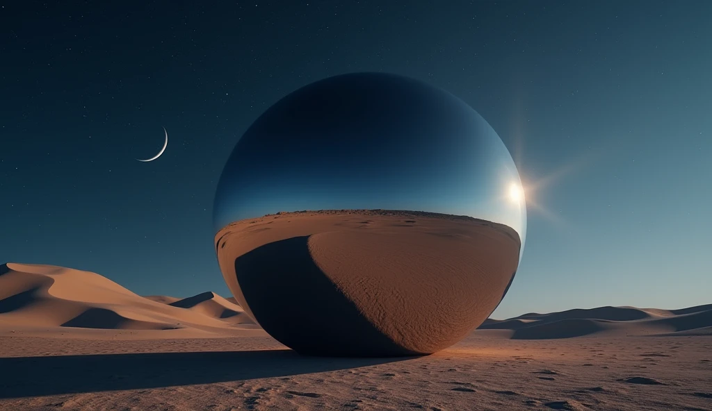 a massive mirror smooth sphere rest on the desert floor at night. photo realistic