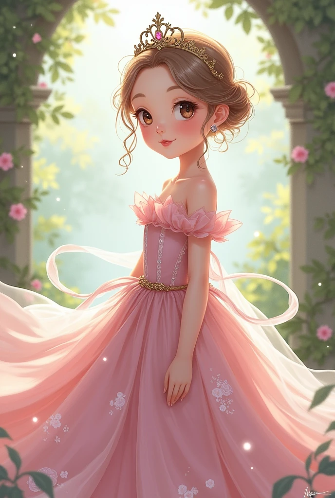 Anime Character with Pink and White mix colour Frock and with Princess Crown
