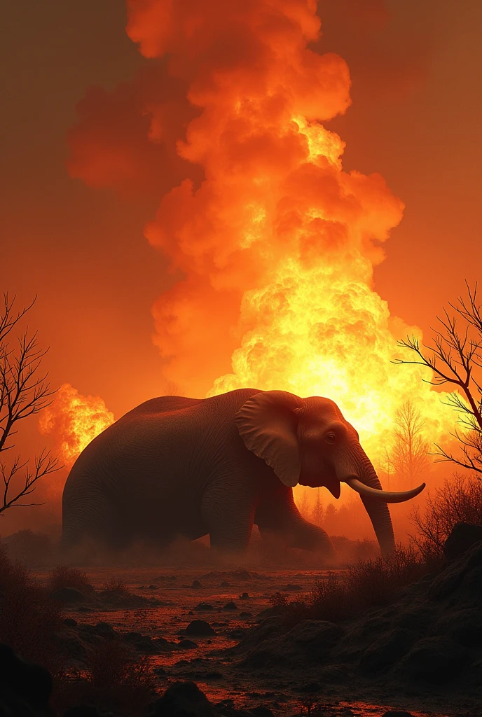 Elephant is dead in fire explosion area. Warm color tone design