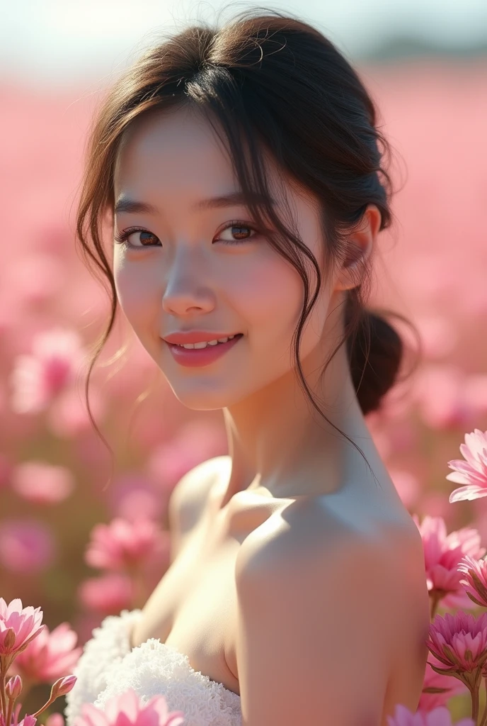 best quality, head of'artwork, ultra haute résolution (Photorealistic: 1.4), photo brute, 1 fille, white dress, Bare shoulders, champ de fleurs roses en fleurs, glistening skin, slight smile