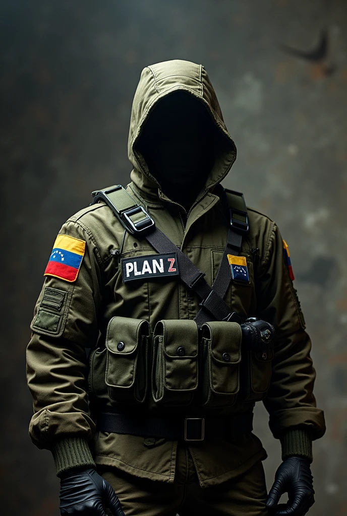 Believe me, a commando-type commander with his face covered, Venezuelan and with the phrase Plan Z, improve it by placing the name Commander Pablo on the side of the uniform on the chest. Leave this image the same, just change the name on the chest to Pablo and add Venezuelan flags on the arms., But don't change the image, leave it the same, just improve it with the orders I gave you.