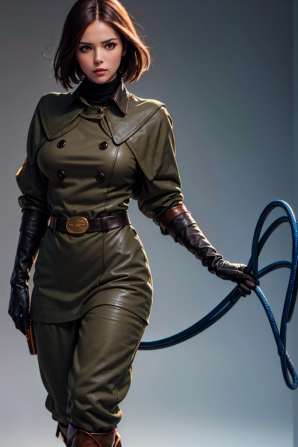 (Best image quality, highest quality, Highest Resolution, Ultra-Realistic Images, Very detailed, masterpiece, 8k), One Woman, Brown medium hair, Khaki military uniform, Leather gloves, Leather boots, ((With a blue whip)), big Breasts, serious look, half body, perfect face, perfect body