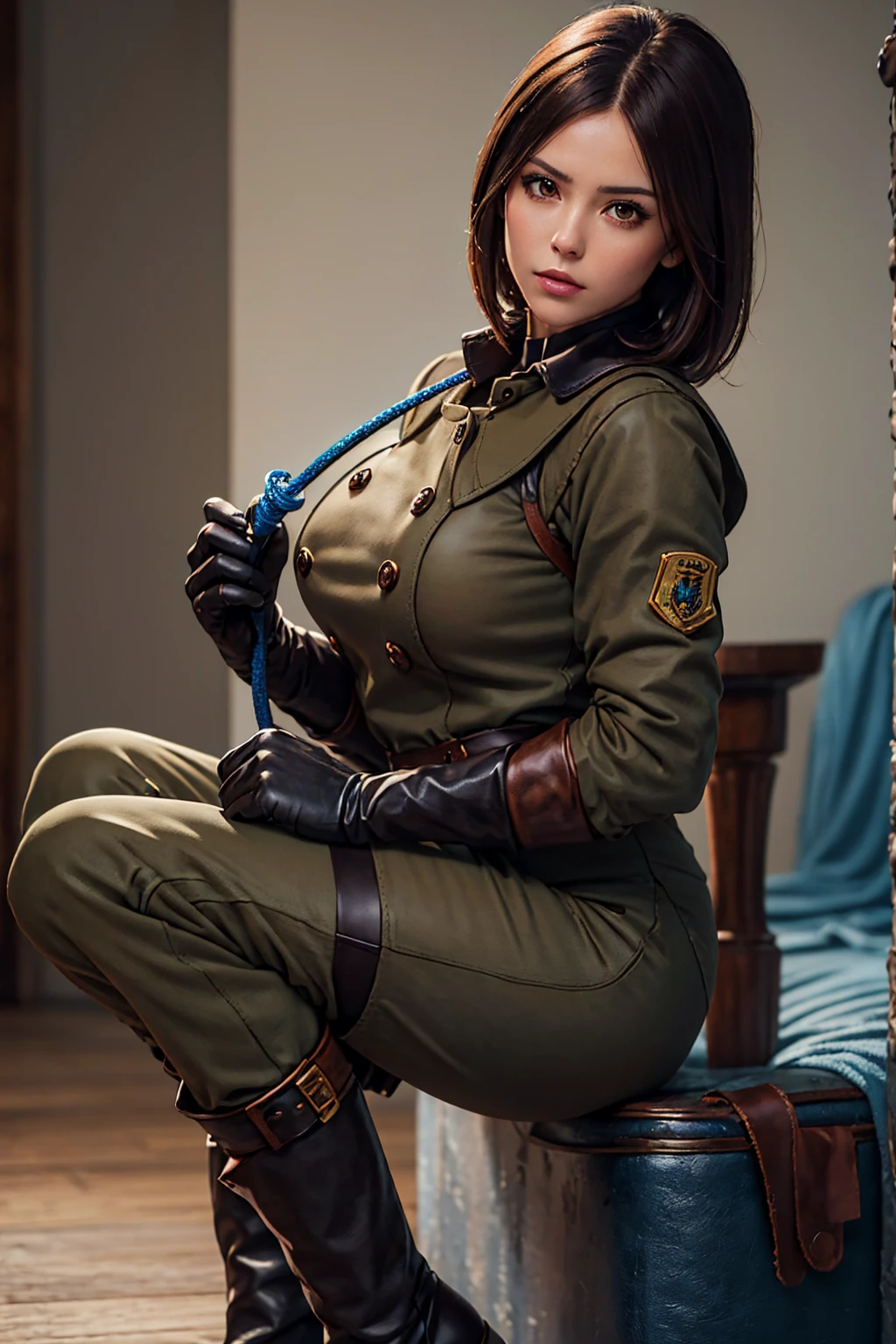 (Best image quality, highest quality, Highest Resolution, Ultra-Realistic Images, Very detailed, masterpiece, 8k), One Woman, Brown medium hair, Khaki military uniform, Leather gloves, Leather boots, ((With a blue whip)), big Breasts, serious look, half body, perfect face, perfect body
