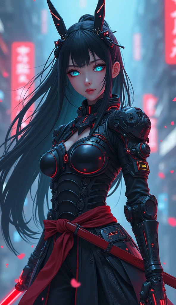 ((Go Min-si)) Create a hyper-realistic anime-style illustration of a female Cyberpunk Samurai. The character should have long, flowing black hair with cybernetic enhancements visible at the temples. Her eyes should be a striking, artificial blue, suggesting advanced ocular implants. Dress her in a fusion of traditional samurai armor and futuristic tech. The armor should be sleek, with illuminated circuitry patterns and holographic displays. Incorporate a vibrant red kimono-inspired skirt for contrast. Equip her with two katanas: one traditional and one with a glowing energy blade. Add cybernetic limb enhancements, particularly on the legs and arms, with exposed hydraulics and power cores. Set the scene against a misty, neon-lit cityscape backdrop. Use a color palette dominated by cool greys, blacks, and vibrant reds, with accents of electric blue from the tech elements. The art style should blend highly detailed, realistic rendering with stylized anime aesthetics. Focus on intricate details in the armor, weaponry, and cybernetic enhancements. Incorporate subtle lighting effects to highlight the tech elements and create a sense of atmosphere. Add dynamic elements like floating holographic UI elements, swirling cherry blossom petals, and energy particles emanating from the weapons and armor to enhance the sci-fi samurai theme.