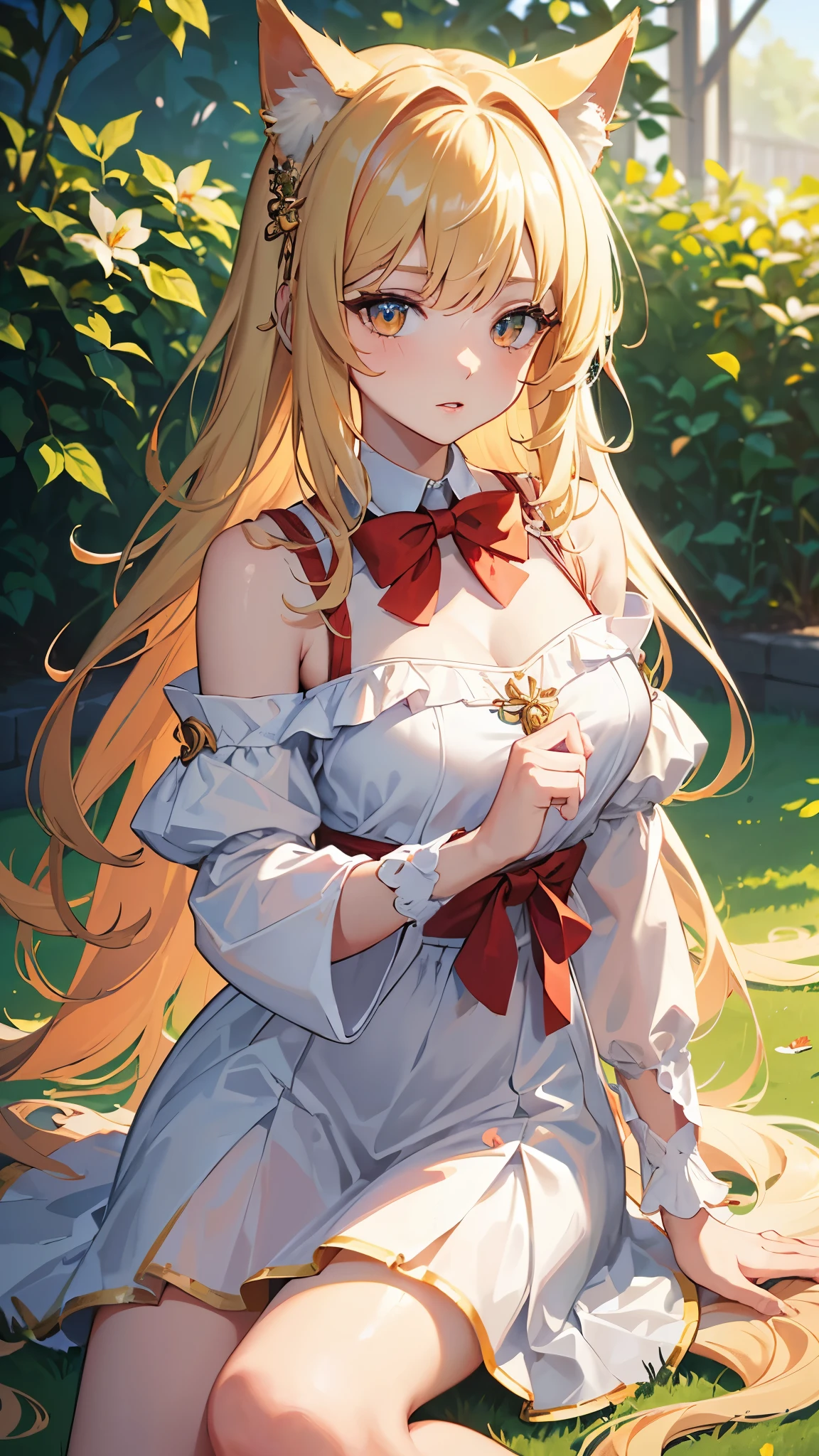 (best qualityer,4K,8k,high resolution,work of art:1.2),ultra detali,realisitic,portraite,Kizi,hair blonde,long hair,Cat's ears,beautiful detailed eyes,beautiful detailed lips,White top,Red bow on neck,Short pink skirt,orange eyes,illustration style,swirly vibrant colors,warm hues,soft lighting,green garden background
