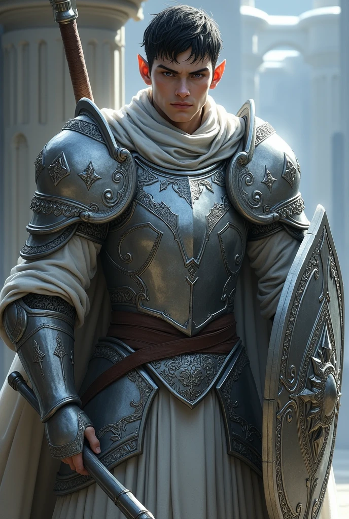 Male elf dark short hair White skin dark blue eyes no beard with silver heavy armor , Mace and Tower shield 