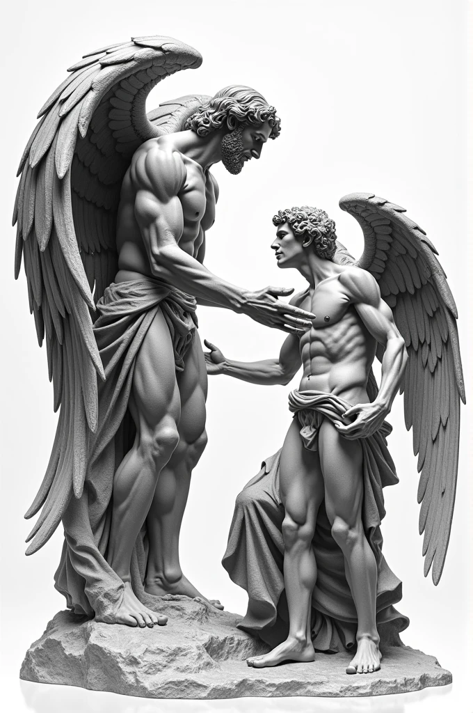 A black and white illustration of a sculpture inspired by "Adan creation". Instead of Adam, There is a fallen angel, with a muscular body and slightly damaged wings. The hand of God reaches out to the fallen angel, who is in a pose similar to that of Adam, extending his hand back. The sculpture is detailed, highlighting the dramatic tension between both figures. The background is simple to keep the focus on the interaction between the hand of God and the fallen angel..