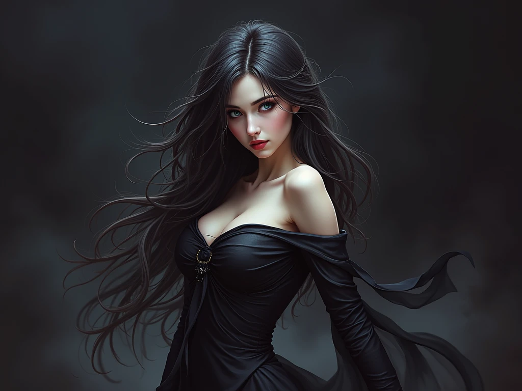 a beautiful dark-haired woman with piercing eyes, detailed facial features, long flowing hair, femme fatale, realistic portrait, photorealistic, high-quality, dramatic lighting, chiaroscuro, deep shadows, intense gaze, mysterious expression, (best quality,4k,8k,highres,masterpiece:1.2),ultra-detailed,(realistic,photorealistic,photo-realistic:1.37),dramatic lighting,chiaroscuro,deep shadows,intense gaze,mysterious expression,